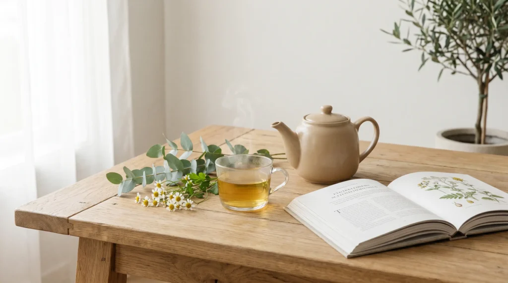 Composição de mesa estilo naturalista com bule de cerâmica, xícara de infusão de ervas, ramos de eucalipto e camomila, e um livro botânico aberto sob luz natural suave, representando o bem-estar natural do projeto Folhagem.